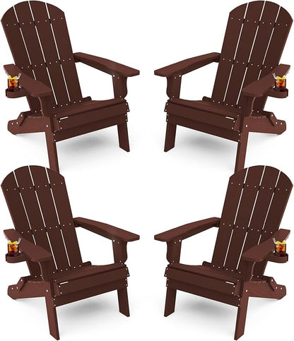 YEFU Adirondack Chair, Foldable Oversized Plastic Adirondack Chair Set of 4 with Cup Holder, Patio Chair with Weather Resistant for Outside Deck Lawn, Weight Capacity Up to 400 Lbs –Mahogan