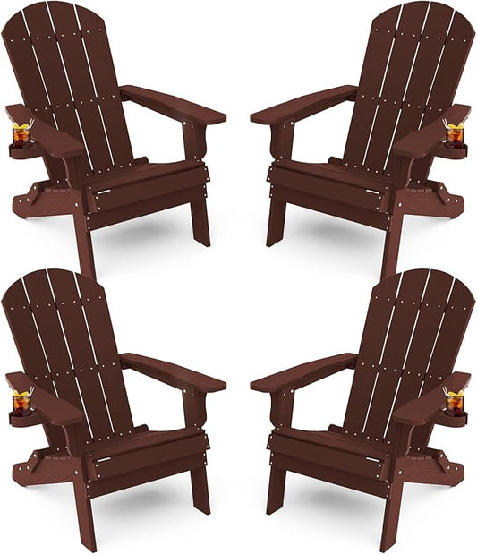 YEFU Adirondack Chair, Foldable Oversized Plastic Adirondack Chair Set of 4 with Cup Holder, Patio Chair with Weather Resistant for Outside Deck Lawn, Weight Capacity Up to 400 Lbs –Mahogan