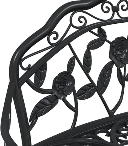 Traditional Cast Iron Garden Bench with Decorative Floral Inlays, 2-Person Outdoor Seating, Black Matte Finish, Sturdy and Weather-Resistant for Patio, Park, or Garden