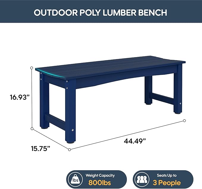 Weatherproof HIPS Outdoor Bench, 2-Person Patio Dining Bench, All-Weather Poly Lumber Garden Bench, Never Rot or Fade, Park Bench with Wood Grains for Porch, Deck, Entryway, Dark Blue
