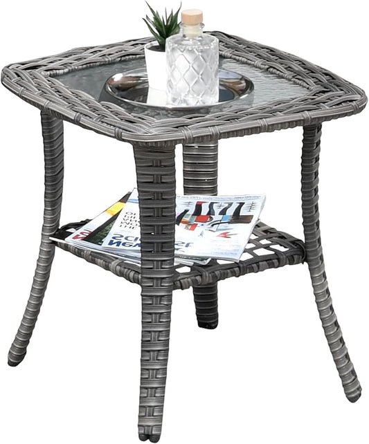 ovios Outdoor Patio Side Table with Tempered Glass Top, 2-Layer Storage Wicker Coffee Tables for Garden Porch Yard Deck Balcony, Grey Rattan