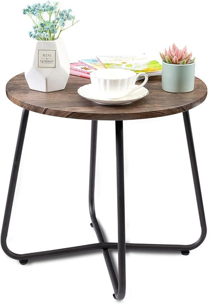 VECELO Patio Table,17.7" Small Round Outdoor Side Table,Wood Top with Anti-Rust Metal Frame Coffee Table for Garden Balcony,Yard,Bistro,Living Room