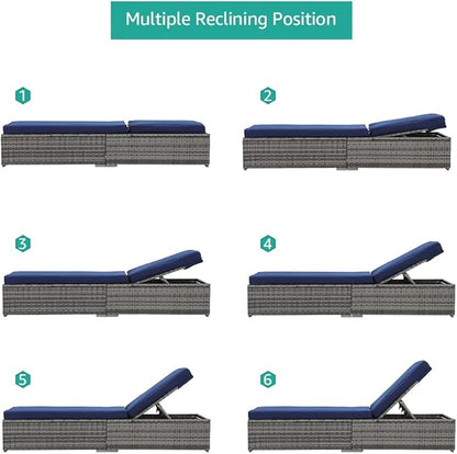 Patiorama Outdoor Patio Chaise Lounge Chair, Elegant Reclining Adjustable Pool Rattan Chaise Lounge Chair with Navy Blue Cushion, Grey PE Wicker, Steel Frame, Set of 2