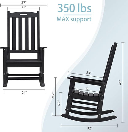 Psilvam Oversized Outdoor Rocking Chair Set of 2, Porch Rocker with 21" Wide Seat and 32" Tall Backrest, Pre-Assembled with Most Components for Effortless Installation (Carbon Black)