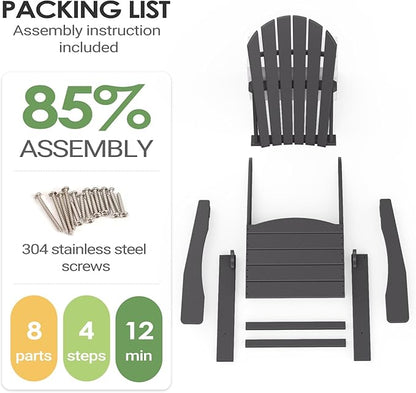 OTSUN Adirondack Chair, HDPE All-Weather Patio Chair, Plastic Lawn Chair 380 lbs Capacity, Outdoor Chairs for Fire Pit, Yard, Porch, Garden, Deck, Swimming Pool, Grey