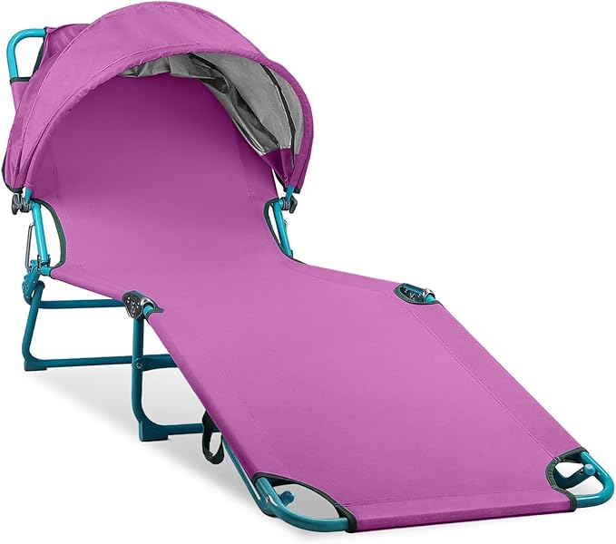 Colorsoul Tanning Chair with Sun Canopy,Adjustable 4-Position Beach Lounge Chair for Adults,Heavy Duty Folding Outdoor Lounge Chair,for Patio Poolside Sunbathing,UPF 50+,300 LBS,Purple