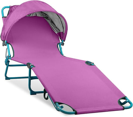 Colorsoul Tanning Chair with Sun Canopy,Adjustable 4-Position Beach Lounge Chair for Adults,Heavy Duty Folding Outdoor Lounge Chair,for Patio Poolside Sunbathing,UPF 50+,300 LBS,Purple