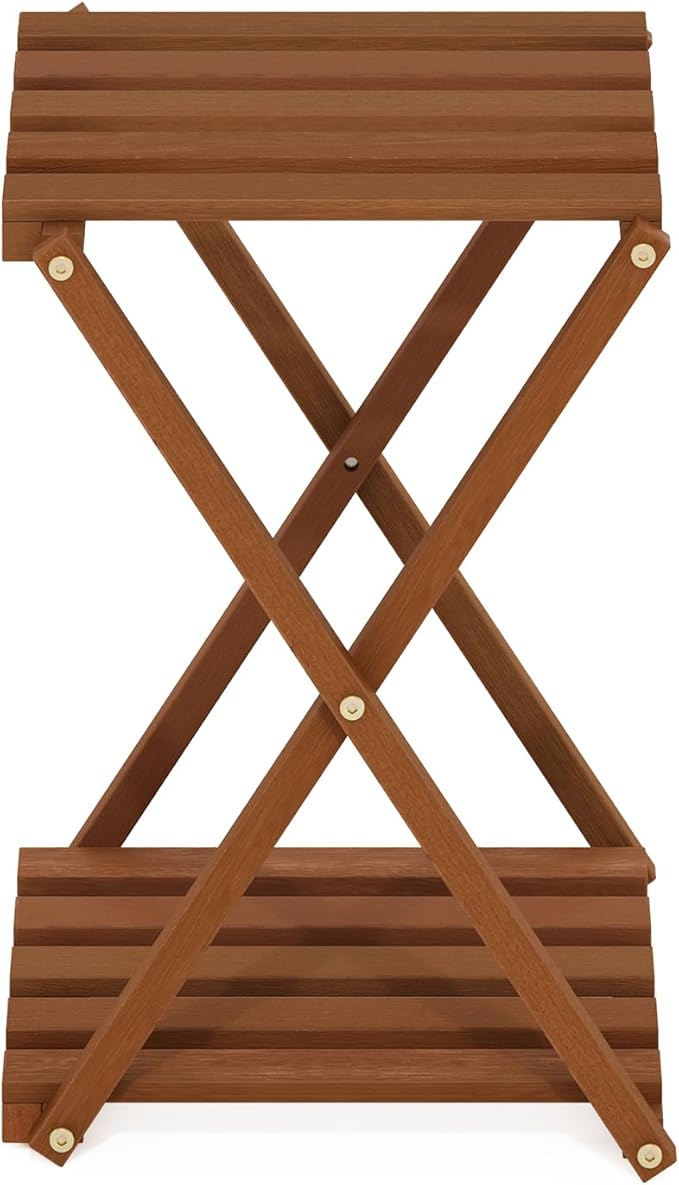 Furinno TIOMAN Patio Table, 2-Tier Outdoor Side Table, Toolless Multipurpose Folding Display Shelf, Plant Stand, for Patio, Garden, Porch, Natural