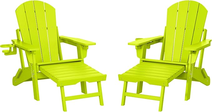 WestinTrends Malibu Folding Adjustable Adirondack Chair with Retractable Ottoman and Cup Holder (Set of 2), Lime - Photo 3