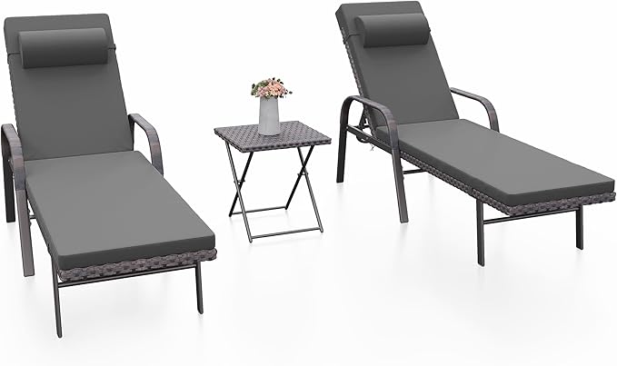 Kurapika Patio Chaise Lounge Set 3 Pieces Outdoor Lounge Chair, Rattan Reclining Chair Adjustable Backrest, Pool Sunbathing Recliners with Folding Table for Poolside Beach, Black