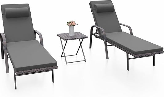 Kurapika Patio Chaise Lounge Set 3 Pieces Outdoor Lounge Chair, Rattan Reclining Chair Adjustable Backrest, Pool Sunbathing Recliners with Folding Table for Poolside Beach, Black