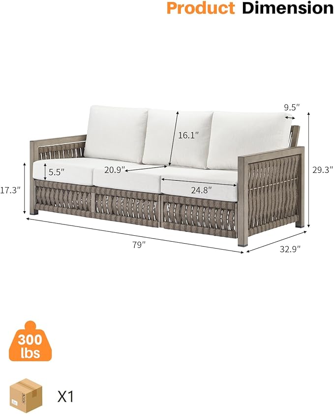 3 Seats Outdoor Sofa, Aluminum Patio Sofas Couch with Thick Cushions, Never-Rust 3-Seater Rope Weave Outside Patio Couch - Photo 3