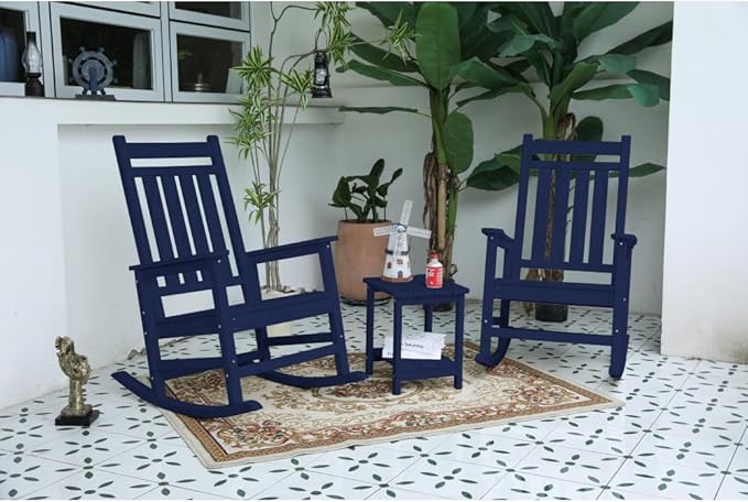 Outdoor Rocking Chair Set with Side Table, 3-Piece Rocking Chair Set with Wood-Texture,All Weather-Resistant,Black (Navy Blue + Plastic-1)