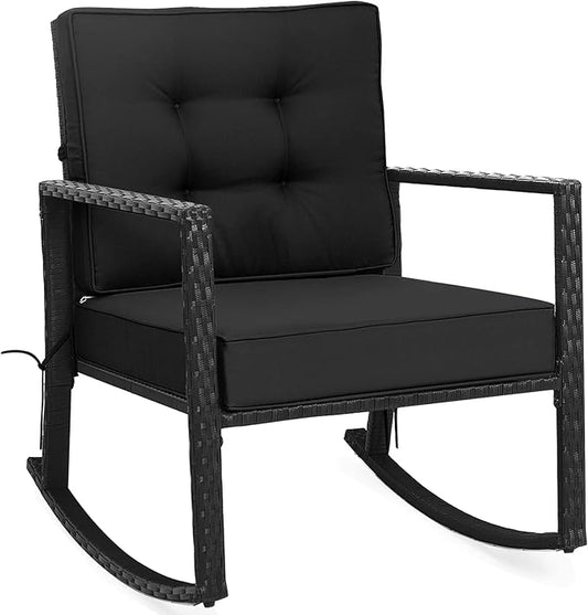 Tangkula Wicker Rocking Chair, Outdoor Glider Rattan Rocker Chair with Heavy-Duty Steel Frame, Patio Wicker Furniture Seat with 5” Thick Cushion for Garden, Porch, Backyard, Poolside (1, Black)