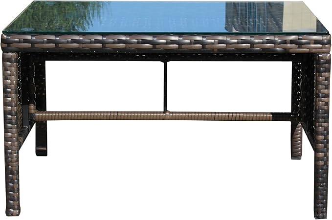 Coffee Table Outdoor Patio Furniture, Tempered Glass Top, Wicker Design, Brown, 30.75x17.5x15 Inch, Water Resistant, Assembly Required