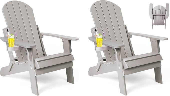 Folding Adirondack Chairs Set of 2, All Weather Resistant Plastic Chairs with Cup Holder, Fold or Unfold Easily in 1 Second, Outdoor Chairs for Patio, Garden, Backyard Deck, Lawn, Fire Pit(Grey)