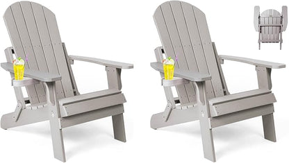 Folding Adirondack Chairs Set of 2, All Weather Resistant Plastic Chairs with Cup Holder, Fold or Unfold Easily in 1 Second, Outdoor Chairs for Patio, Garden, Backyard Deck, Lawn, Fire Pit(Grey)