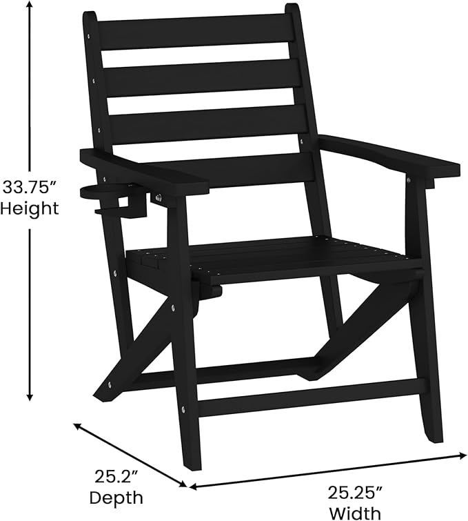 Flash Furniture Tolleson Adirondack Dining Chair with Cup Holder, Commercial Weather Resistant Recycled HDPE Adirondack Chair, Fold Out Cupholder, Black