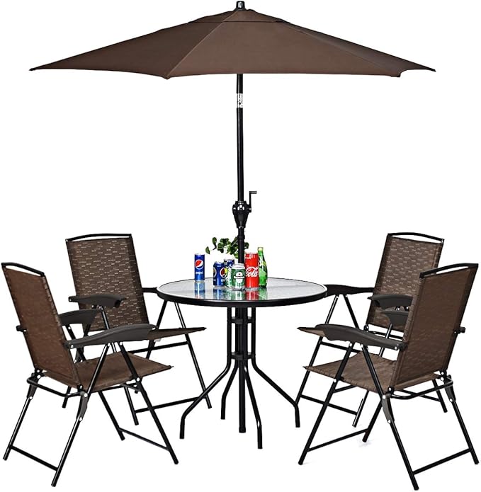 ARLIME Set of 4 Patio Folding Chairs, Height Adjustable Sling Backrest Chairs with Armrest, Weather-Resistant Chairs Portable for Outdoor Indoor Garden Pool Beach, Deck Lounge Chairs, Brown