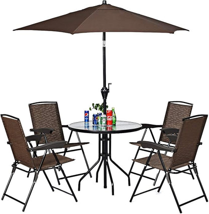 ARLIME Set of 4 Patio Folding Chairs, Height Adjustable Sling Backrest Chairs with Armrest, Weather-Resistant Chairs Portable for Outdoor Indoor Garden Pool Beach, Deck Lounge Chairs, Brown