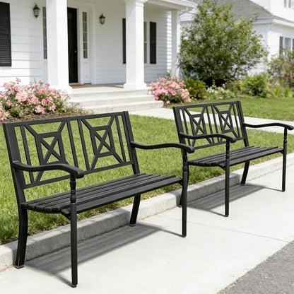 YLGJ&TIDY 50 Inches Patio Bench Outdoor Metal Bench with Pattern Backrest Armrest Rust-Resistant Outdoor Porch Benches for Garden Park Lawn Yard Front Porch, Pack of 2 (BENCH05 2PK)