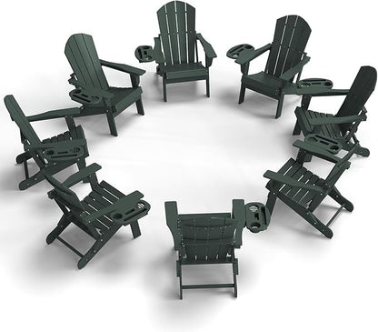 FOOWIN Folding Adirondack Chair Set of 8, HDPE Adirondack Chairs with Cup Holder, Weather Resistant Plastic Fire Pit Chairs for Outdoor, Patio, Lawn, Garden, Backyard, Deck, Green