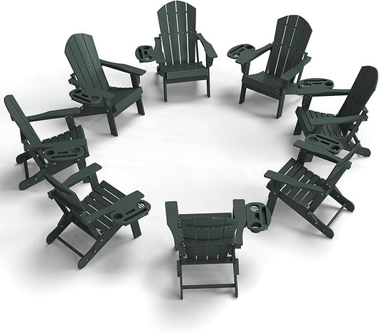 FOOWIN Folding Adirondack Chair Set of 8, HDPE Adirondack Chairs with Cup Holder, Weather Resistant Plastic Fire Pit Chairs for Outdoor, Patio, Lawn, Garden, Backyard, Deck, Green