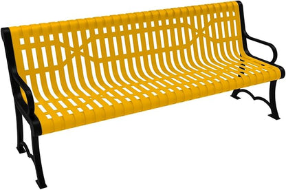 COATEDOUTDOORFURNITURE Heavy-Duty Outdoor Bench Thermoplastic Coated, Slatted Steel, Commercial-Grade Garden Bench, Made in America (Portable with Back, 6 Ft, Textured Yellow)
