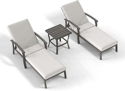 Chaise Lounge Chair Outdoor - 3 Piece Patio Aluminum Chaise Lounge Chair Set with Side Table, Removable Cushion and Adjustable Reclining Positions for Outdoor Poolside Backyard