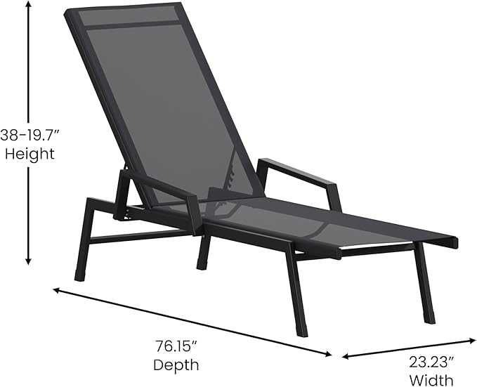 Flash Furniture Brazos Adjustable Chaise Lounge Chair with Arms, All-Weather Outdoor Five-Position Recliner, Black/Black - Photo 3