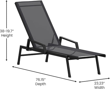 Flash Furniture Brazos Adjustable Chaise Lounge Chair with Arms, All-Weather Outdoor Five-Position Recliner, Black/Black