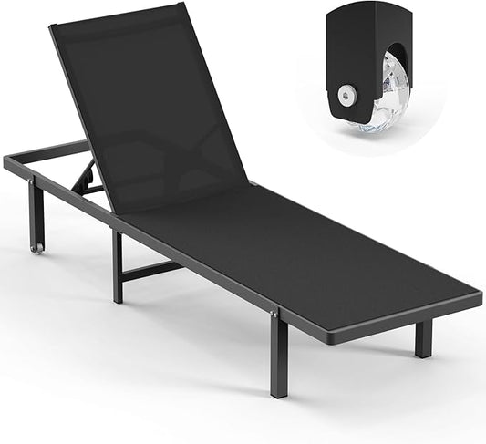 Lounge Chair Outdoor with Wheels, Aluminum Patio Chaise Lounge Chair with 5 Adjustable Backrest - Easy to Move- Pool Lounge Chairs for Deck, Beach, Poolside (Black)