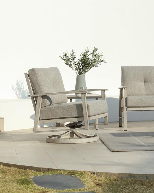 3 Pieces Outdoor Patio Bistro Set, Aluminum Swivel Chairs Patio Furniture Set with Thick Cushions, All Weather Patio Conversation Set with Side Table for Backyard, Balcony, Lawn, White Oak