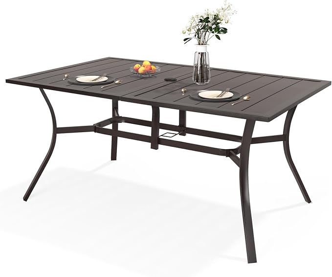 Outdoor Metal Steel Rectangle Patio Dining Table, 6 Person Patio Table with Adjustable Umbrella Hole - Photo 1