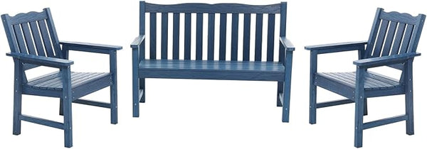 Stoog Outdoor Chairs & Bench Set, All-Weather Patio Furniture Set, Include 2 Patio Chairs and 1 Bench, Blue - Photo 1