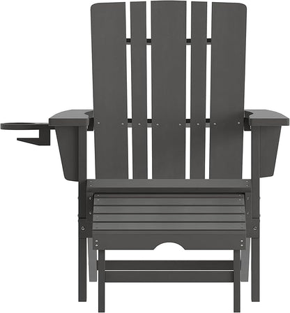 Flash Furniture Halifax Poly Resin Adirondack Chair with Cup Holder and Pull Out Ottoman, All-Weather Poly Resin Indoor/Outdoor Lounge Chair, Gray, Set of 1