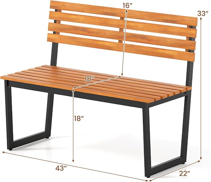 HOMGX Outdoor Bench, 43-Inch Acacia Wood Patio Loveseat with No-Arms Design, Sturdy Black Metal Frame & Teak Finish, Modern 2-Person Garden Bench for Porch, Yard and Lawn