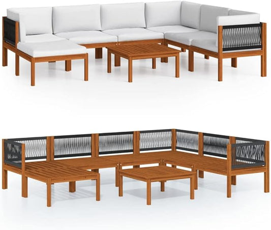 8-Piece Acacia Wood Modular Lounge Set with Weather-Resistant Cushions, Cream and Brown Outdoor Patio Furniture for 8 People, Reconfigurable Design, Durable