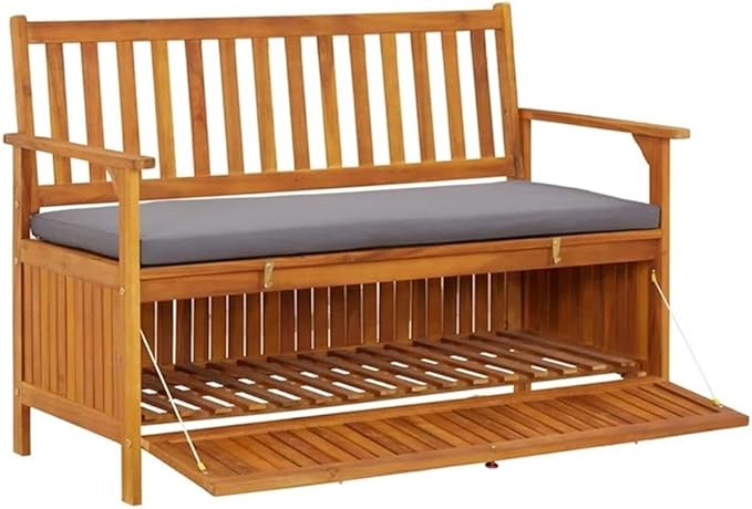 BOWERY HILL Solid Acacia Wood Storage Bench, 47.2 x 24.8 x 33.1 in, Natural Wood Finish, Dark Grey Cushion, Rectangular Outdoor/Indoor Seating and Storage for Garden, Hallway, or Balcony Use