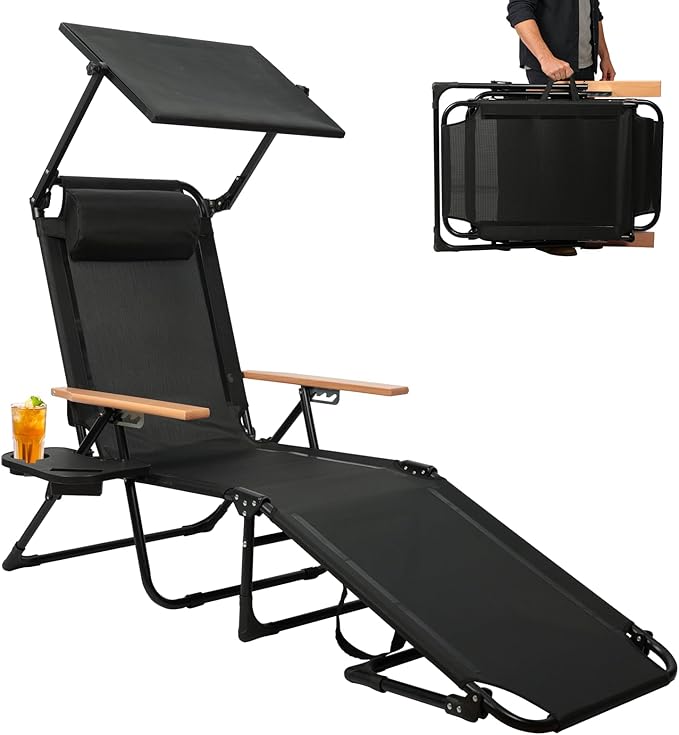 Foldable Chaise Lounge Chair Outdoor, 4-Position Reclining Outdoor Lounge Chairs with Wooden Armrest - Photo 1