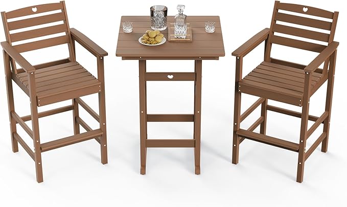 3-Piece Bar Height Patio Table and Chairs Set, HDPE Wood Grain Outdoor Bar Table and Chairs with Heart Cutout Design - Photo 8