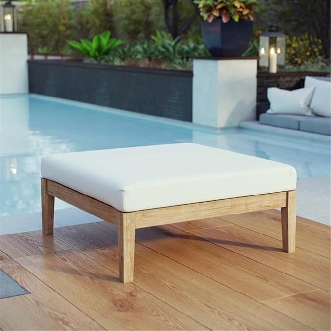 Modway Bayport Teak Wood Outdoor Patio Ottoman in Natural White - Photo 2