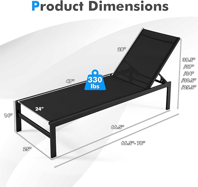 COSTWAY Lounge Chair Outdoor, Aluminum Frame Chaise Lounge with 6-Position Adjustable, Breathable Fabric - Photo 2