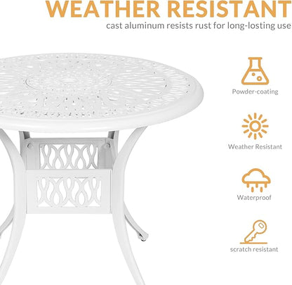 Outdoor Cast Aluminum Patio Table, 35.4” Round Bistro Table with 2” Umbrella Hole for Patio Furniture Garden Deck Backyard, White
