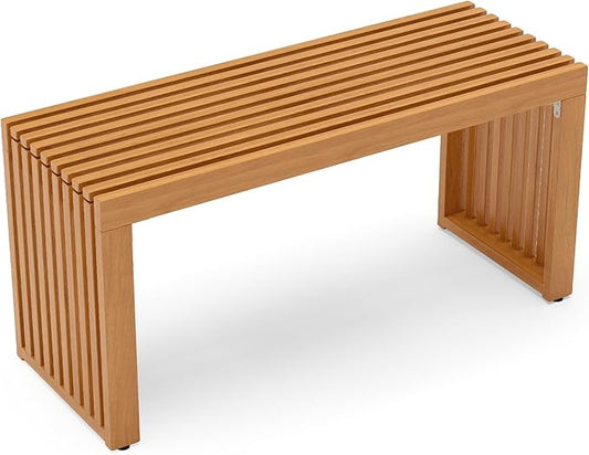 HAPPYGRILL Outdoor Acacia Wood Bench, Patio Bench with Slatted Seat & Metal Protectors, for Entryway Porch Backyard Park, 800 lbs (1)