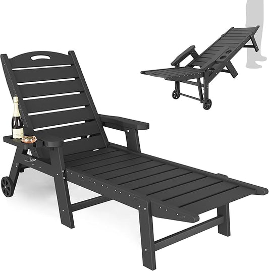 UDPATIO Outdoor Chaise Lounge Chair, HDPE Patio Lounge Chairs for Outside with Wheels & Cup Holder, Reclining Seating with 5 Position for Poolside Deck Garden Indoor,Black,1PC