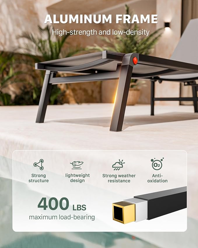 Aluminum Patio Chaise Lounge Chair Set of 2 with Side Table,5-Position Adjustable Backrest,Foldable Lounge Chair Outdoor,Pool Lounge Chairs for Poolside,Lawn,Deck,Beach (Grey, 2 Pack+Table)