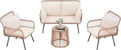 Verano Garden 4 Pieces Patio Balcony Furniture Set, Outdoor Wicker Patio Conversation Set, Patio Sectional Table and Chairs Set of 4 with Cushion, Pillow & Table (Cream White, 4PCS Conversation Set)