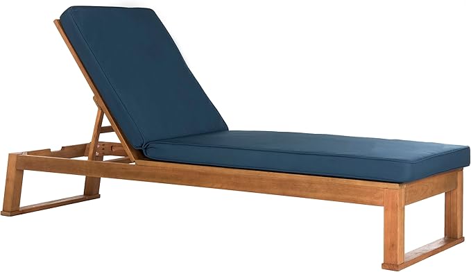 SAFAVIEH Outdoor Collection Solano Natural Brown Solid Wood/Navy Blue Cushion Patio Adjustable Chaise Lounge Chair - Photo 4