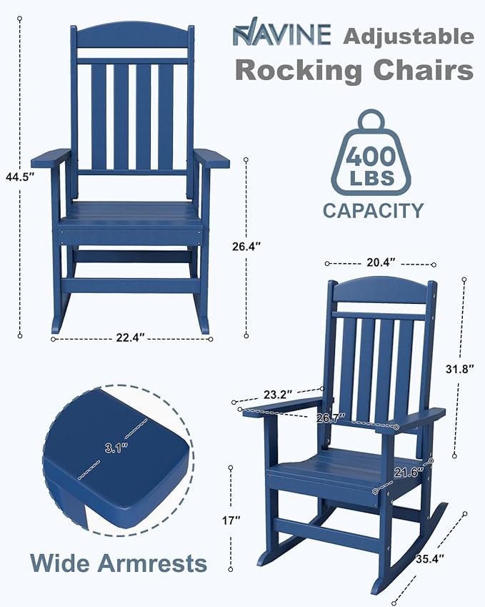 3-Piece Outdoor Rocking Chair Set, Oversized Porch Rocking Chair Set of 2 with Side Table, HDPE High Back Patio Rocking Chair, Suitable for Patio, Porch, Backyard, Navy Blue